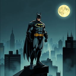 A detailed illustration of Batman standing on a rooftop in Gotham City at night, with the Bat-Signal shining in the sky