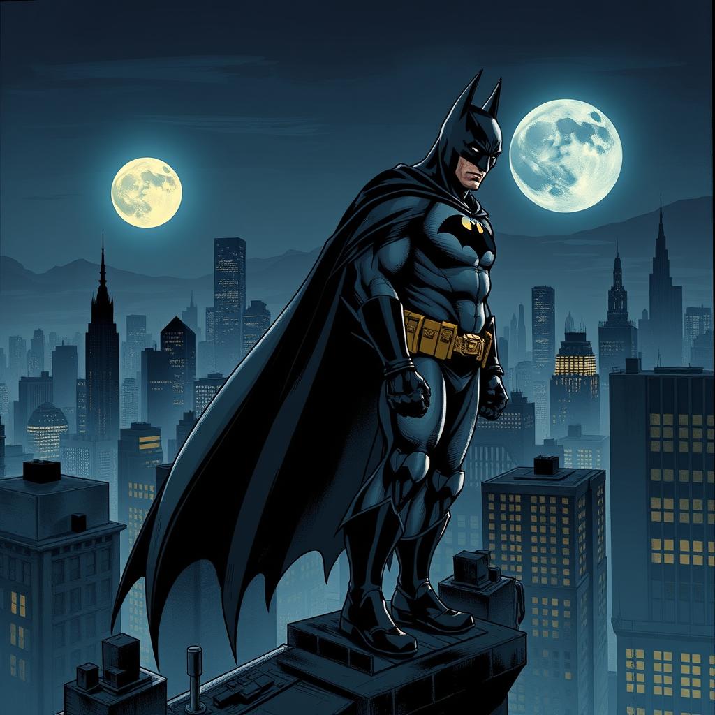 A detailed illustration of Batman standing on a rooftop in Gotham City at night, with the Bat-Signal shining in the sky