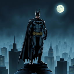 A detailed illustration of Batman standing on a rooftop in Gotham City at night, with the Bat-Signal shining in the sky