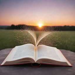 An open book with whimsical, glowing words flowing out in a magical pattern against a serene sunset backdrop. The words simulate life, hope, and dreams heating up in the brilliance of knowledge.