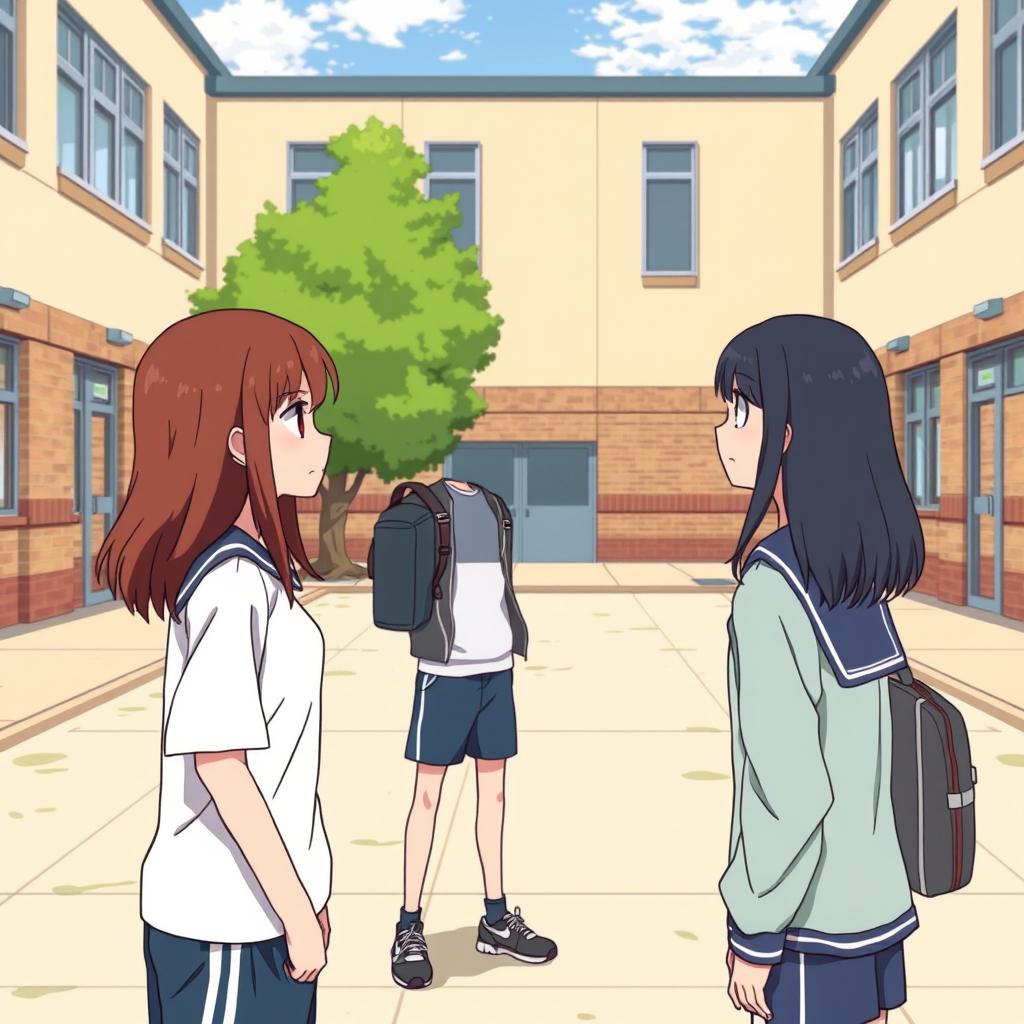 A school courtyard where the main characters, a bully and a shy girl, are standing opposite each other, looking at each other with hatred