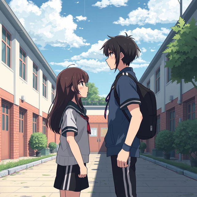 A school courtyard where the main characters, a bully and a shy girl, are standing opposite each other, looking at each other with hatred