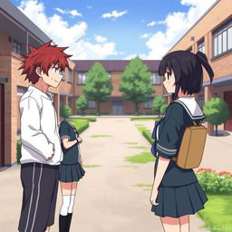 A school courtyard where the main characters, a bully and a shy girl, are standing opposite each other, looking at each other with hatred