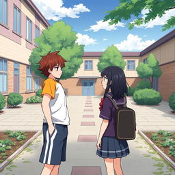 A school courtyard where the main characters, a bully and a shy girl, are standing opposite each other, looking at each other with hatred