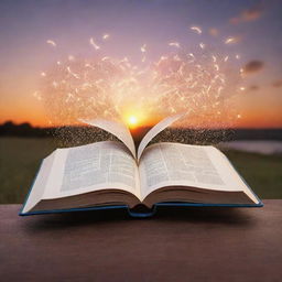 An open book with whimsical, glowing words flowing out in a magical pattern against a serene sunset backdrop. The words simulate life, hope, and dreams heating up in the brilliance of knowledge.