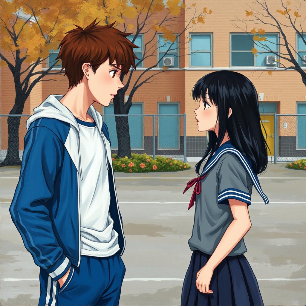 In the painting, you can see a school yard where the main characters, a bully and a shy girl, are present