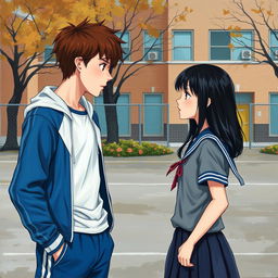 In the painting, you can see a school yard where the main characters, a bully and a shy girl, are present