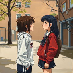 In the painting, you can see a school yard where the main characters, a bully and a shy girl, are present