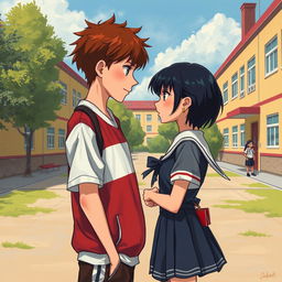 In the painting, you can see a school yard where the main characters, a bully and a shy girl, are present