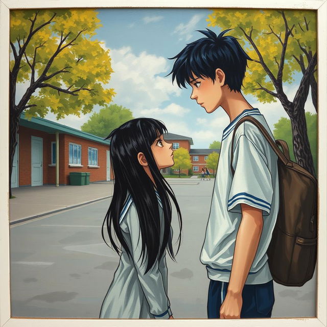 In the painting, you can see a school yard where the main characters, a bully and a shy girl, are present