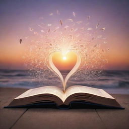 An open book with whimsical, glowing words flowing out in a magical pattern against a serene sunset backdrop. The words simulate life, hope, and dreams heating up in the brilliance of knowledge.