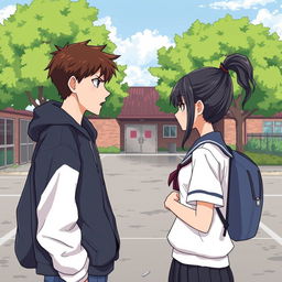 In the image, you can see a schoolyard where the main characters, a bully and a quiet girl, are standing opposite each other and glaring with hatred