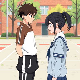 In the image, you can see a schoolyard where the main characters, a bully and a quiet girl, are standing opposite each other and glaring with hatred