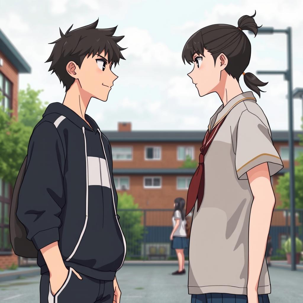 In the image, you can see a schoolyard where the main characters, a bully and a quiet girl, are standing opposite each other and glaring with hatred