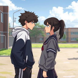 In the image, you can see a schoolyard where the main characters, a bully and a quiet girl, are standing opposite each other and glaring with hatred