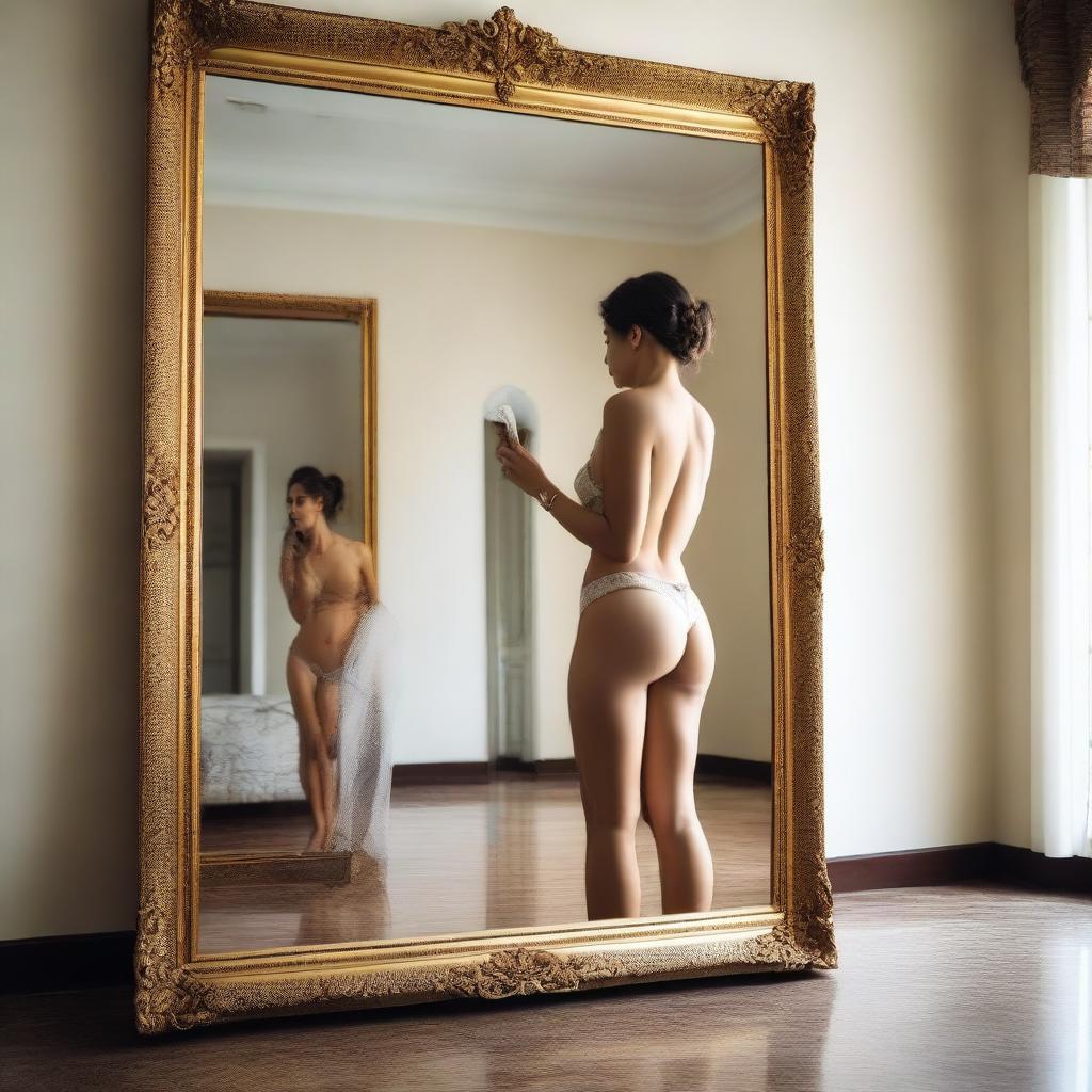 A beautiful woman with a harmonious body taking a picture of herself in the mirror inside a luxurious villa