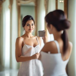 A beautiful woman with a harmonious body taking a picture of herself in the mirror inside a luxurious villa