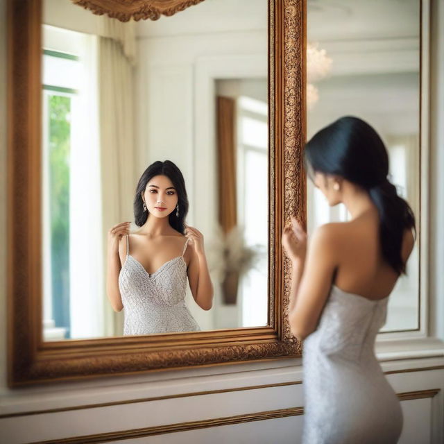 A beautiful woman with a harmonious body taking a picture of herself in the mirror inside a luxurious villa