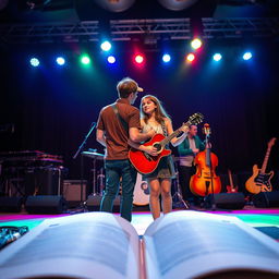 Uma capa de livro com um casal e uma amiga, todos os três fazem parte de uma banda