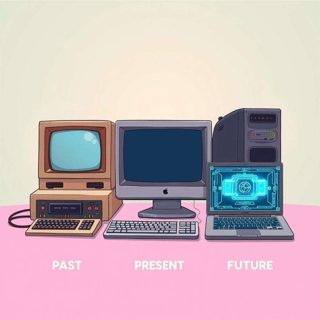 A detailed illustration showing the evolution of computers across three eras: past, present, and future
