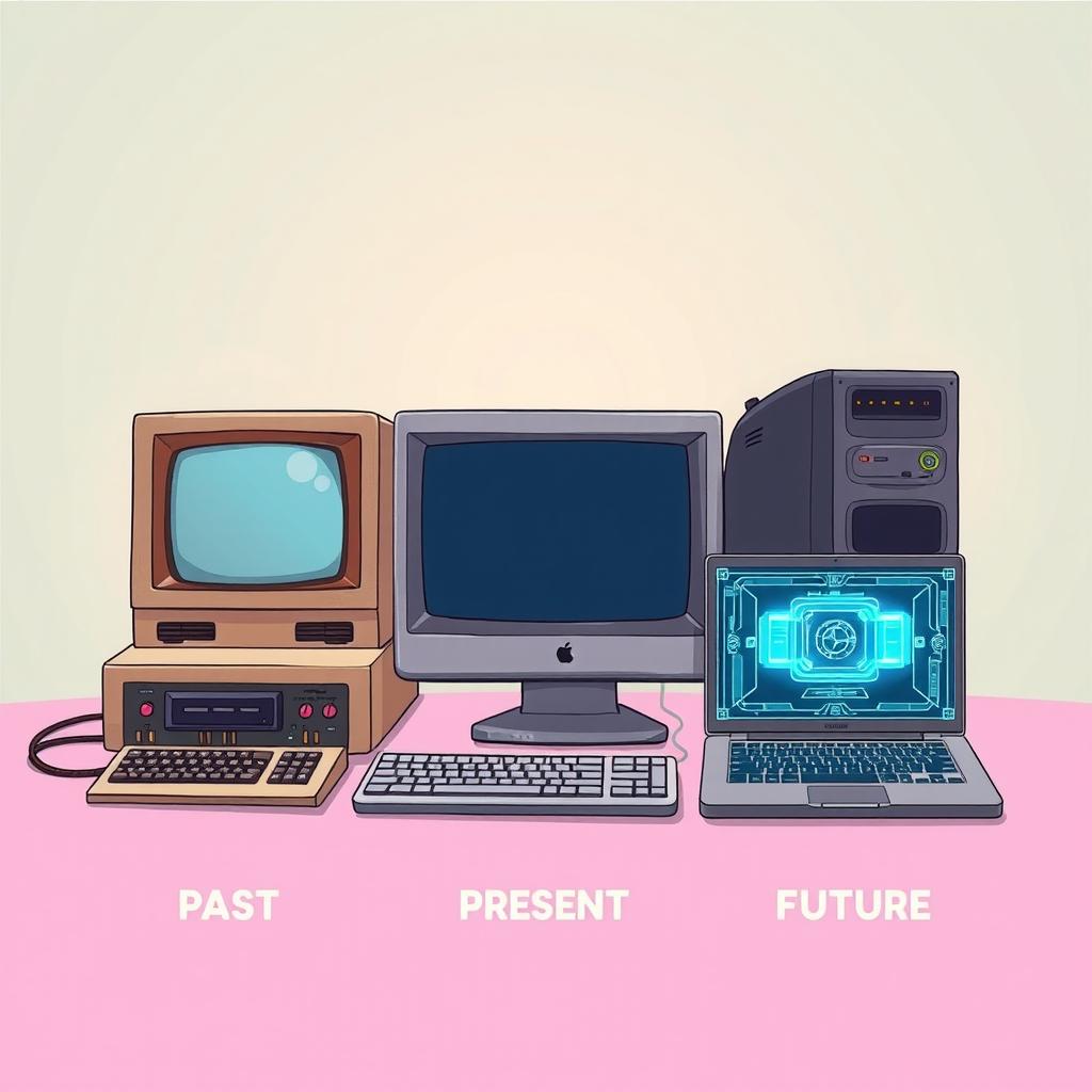 A detailed illustration showing the evolution of computers across three eras: past, present, and future