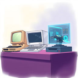 A detailed illustration showing the evolution of computers across three eras: past, present, and future