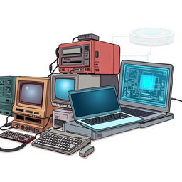 A detailed illustration showing the evolution of computers across three eras: past, present, and future