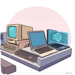 A detailed illustration showing the evolution of computers across three eras: past, present, and future