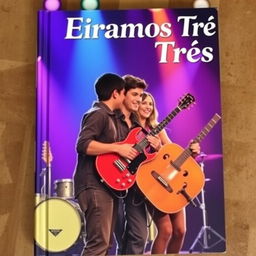 Uma capa de livro com um casal e uma amiga, todos os três fazem parte de uma banda