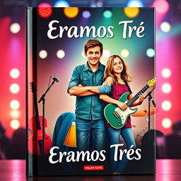 Uma capa de livro com um casal e uma amiga, todos os três fazem parte de uma banda