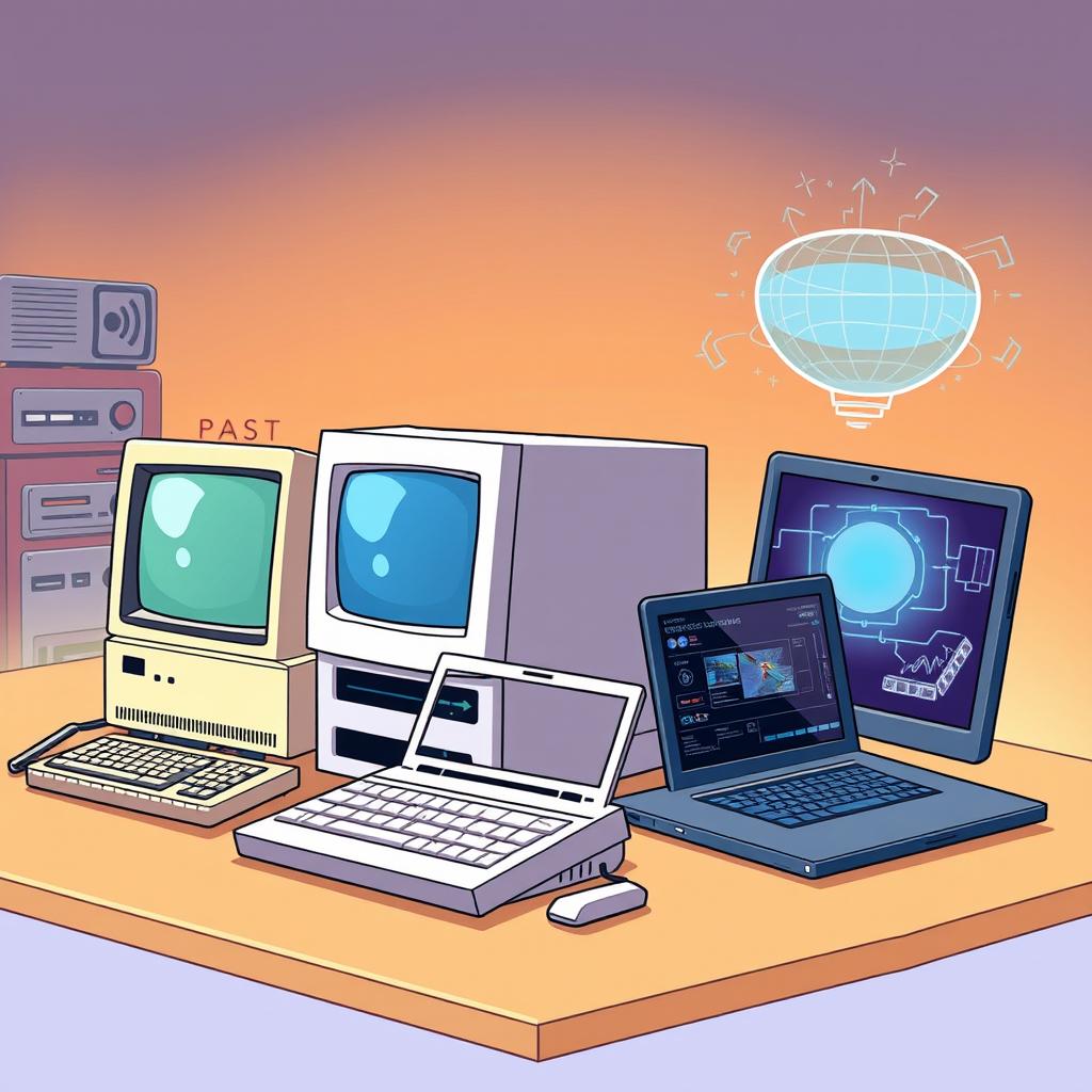 An illustration depicting the evolution of computers over three distinct eras: the past, present, and future