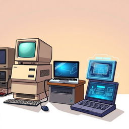 An illustration depicting the evolution of computers over three distinct eras: the past, present, and future