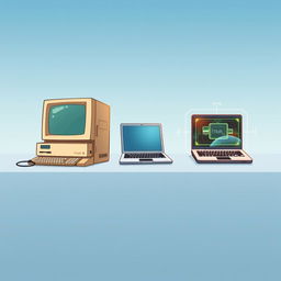 An illustration depicting the evolution of computers over three distinct eras: the past, present, and future