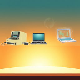 An illustration depicting the evolution of computers over three distinct eras: the past, present, and future