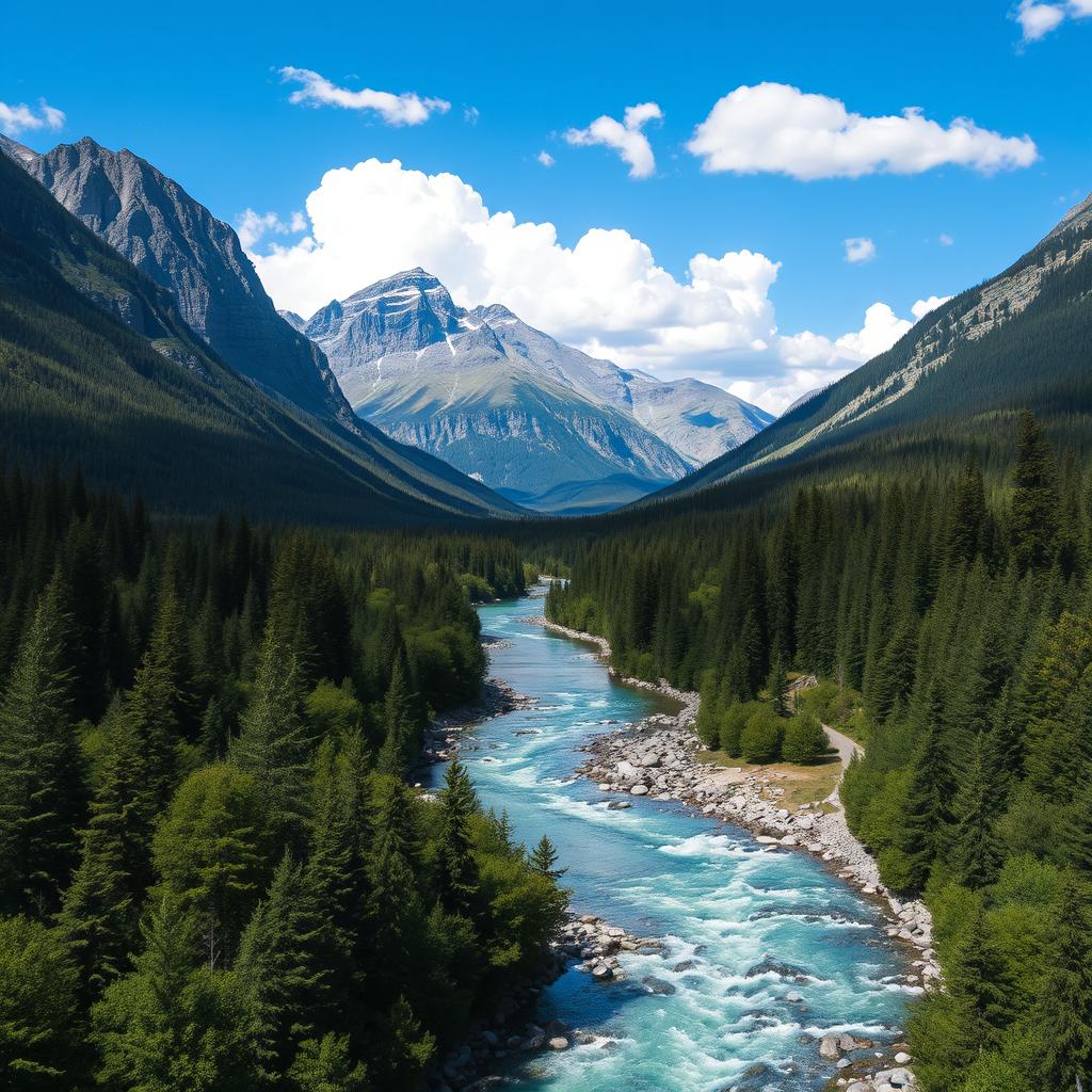 A beautiful landscape with mountains, a river flowing through a forest, and a clear blue sky with fluffy white clouds