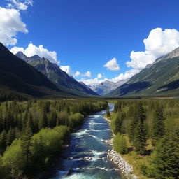 A beautiful landscape with mountains, a river flowing through a forest, and a clear blue sky with fluffy white clouds