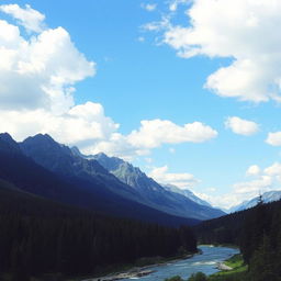 A beautiful landscape with mountains, a river flowing through a forest, and a clear blue sky with fluffy white clouds