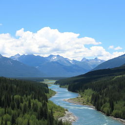 A beautiful landscape with mountains, a river flowing through a forest, and a clear blue sky with fluffy white clouds