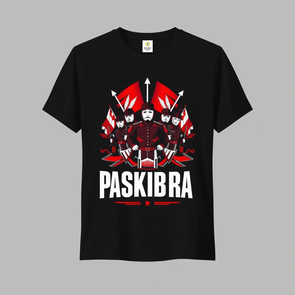 A stylish t-shirt design featuring Paskibra, with dominant colors being red and black