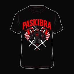 A stylish t-shirt design featuring Paskibra, with dominant colors being red and black