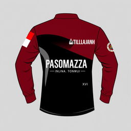 A long-sleeve shirt design featuring maroon, black, and white colors