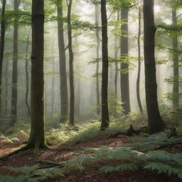 A dense, mystical forest where the wind gently rustles the leaves creating a whispering ambiance, bathed in soft morning light filtering from above.