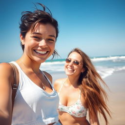 A vibrant scene featuring an 18-year-old woman enjoying a sunny day on a beautiful beach