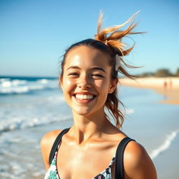 A vibrant scene featuring an 18-year-old woman enjoying a sunny day on a beautiful beach