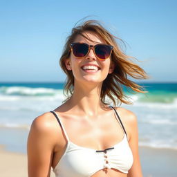 A vibrant scene featuring an 18-year-old woman enjoying a sunny day on a beautiful beach