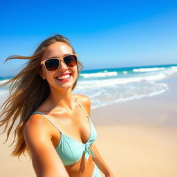 A vibrant scene featuring an 18-year-old woman enjoying a sunny day on a beautiful beach