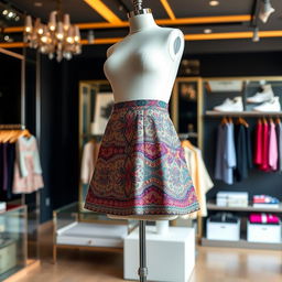 A stylish and fashionable mini skirt displayed on a mannequin in a trendy boutique