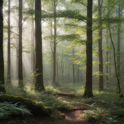 A dense, mystical forest where the wind gently rustles the leaves creating a whispering ambiance, bathed in soft morning light filtering from above.