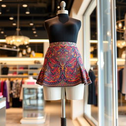 A stylish and fashionable mini skirt displayed on a mannequin in a trendy boutique