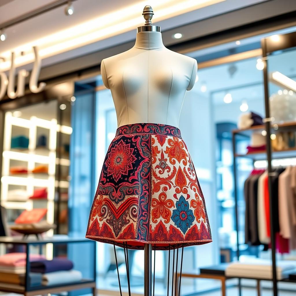 A stylish and fashionable mini skirt displayed on a mannequin in a trendy boutique